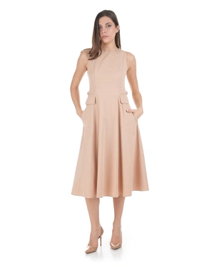 Светлобежова памучна рокля с декоративни джобове с капаци | НОВО - 1