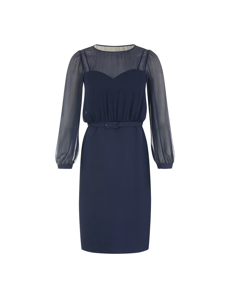 Elegant navy blue dress with sheer sleeves | Dresses