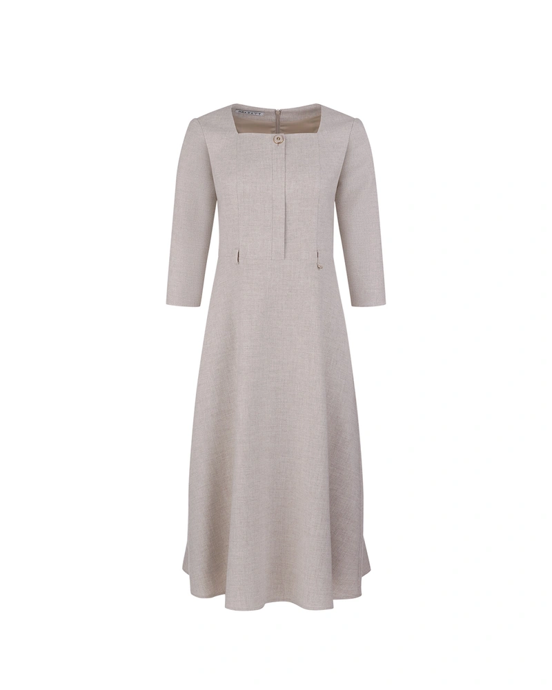 Light beige textured dress with a belt | Dresses