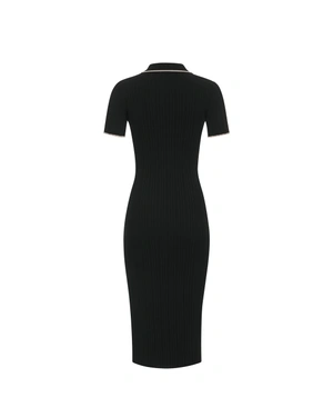 Black knitted bodycon dress with a contrasting collar neckline and buttons | Casual - 1