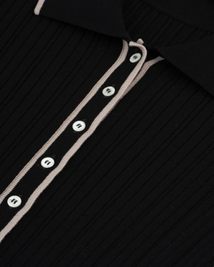 Black knitted bodycon dress with a contrasting collar neckline and buttons | Casual - 2