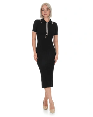 Black knitted bodycon dress with a contrasting collar neckline and buttons | Casual - 3