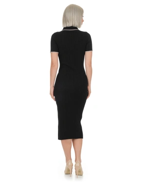 Black knitted bodycon dress with a contrasting collar neckline and buttons | Casual - 4