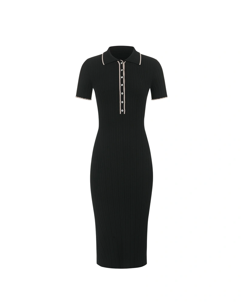 Black knitted bodycon dress with a contrasting collar neckline and buttons | Casual