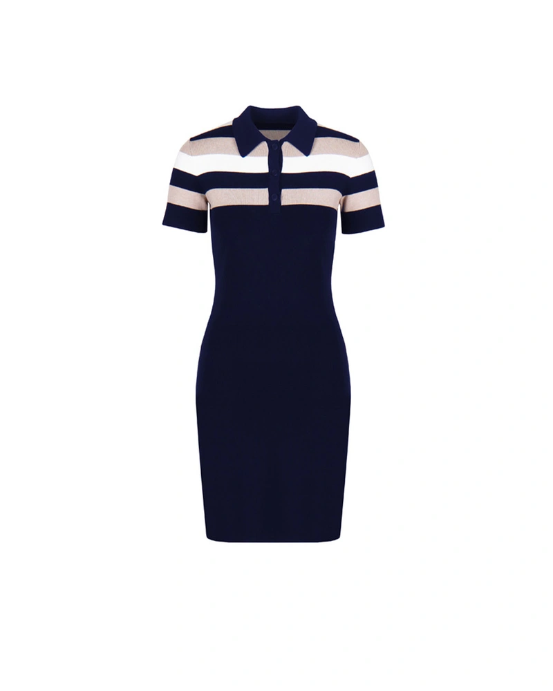 Тъмносиня рокля фино плетиво, тип бодикон, с якичка с копчета | Рокли