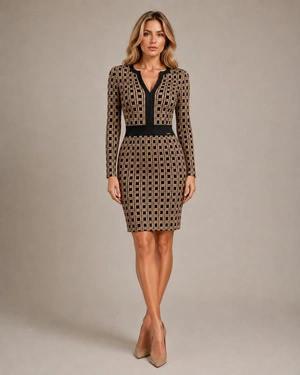 Black knitted dress with a decorative beige jacquard pattern | Dresses | Dika.com - 1 Black knitted dress with a decorative beige jacquard pattern | Dresses - 1