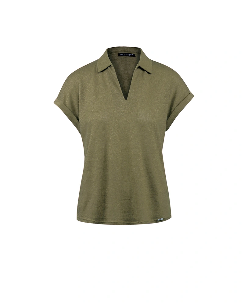 Khaki linen t-shirt with open collar | 