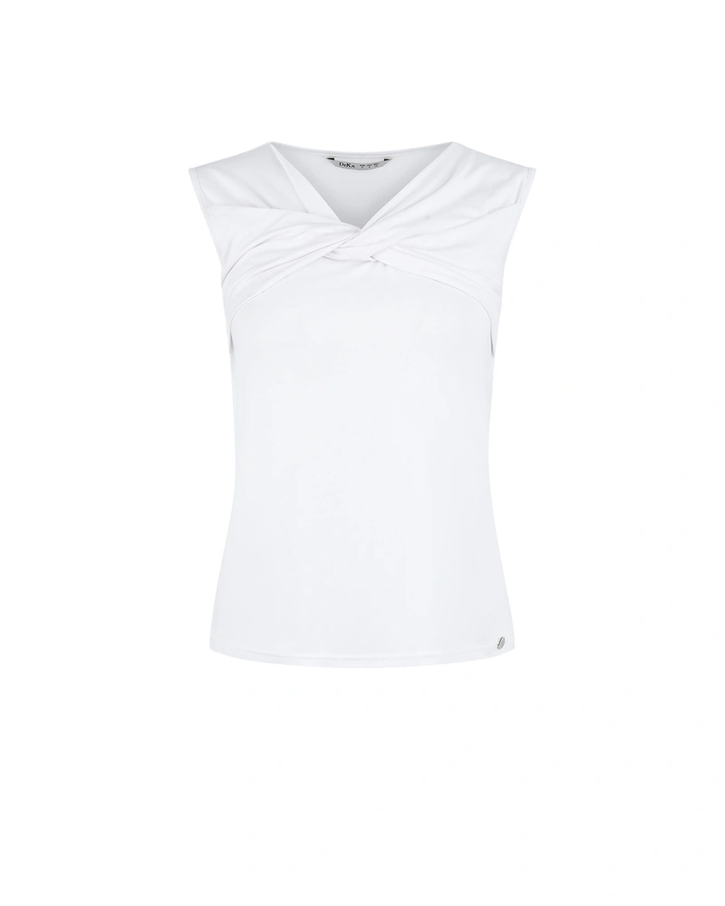 White viscose T-shirt with a twisted neckline detail | NEW | Dika.rs White viscose T-shirt with a twisted neckline detail | NEW