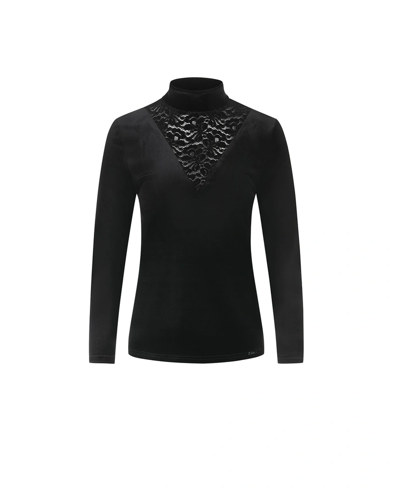 Black velvet blouse with lace detail on the neckline | NEW