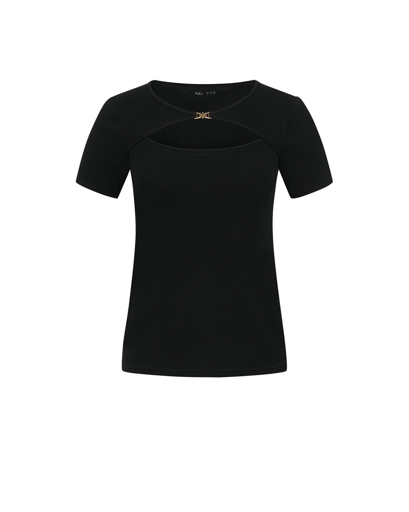 Black fitted T-shirt with oval cut-out neckline | NEW