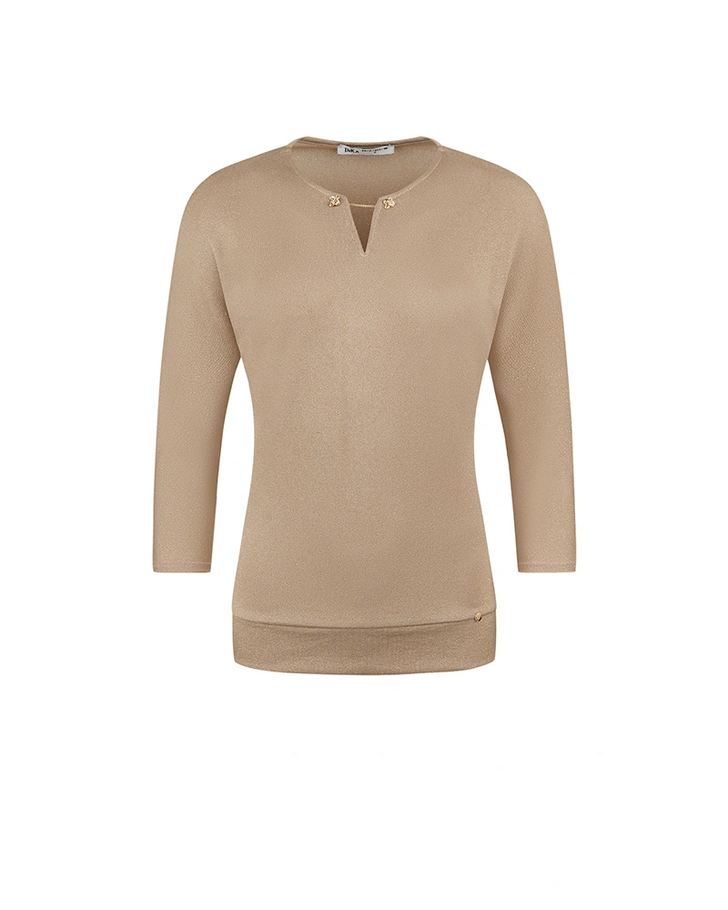 3/4 sleeve T-shirt in golden beige with metallic detail on the neckline | NEW