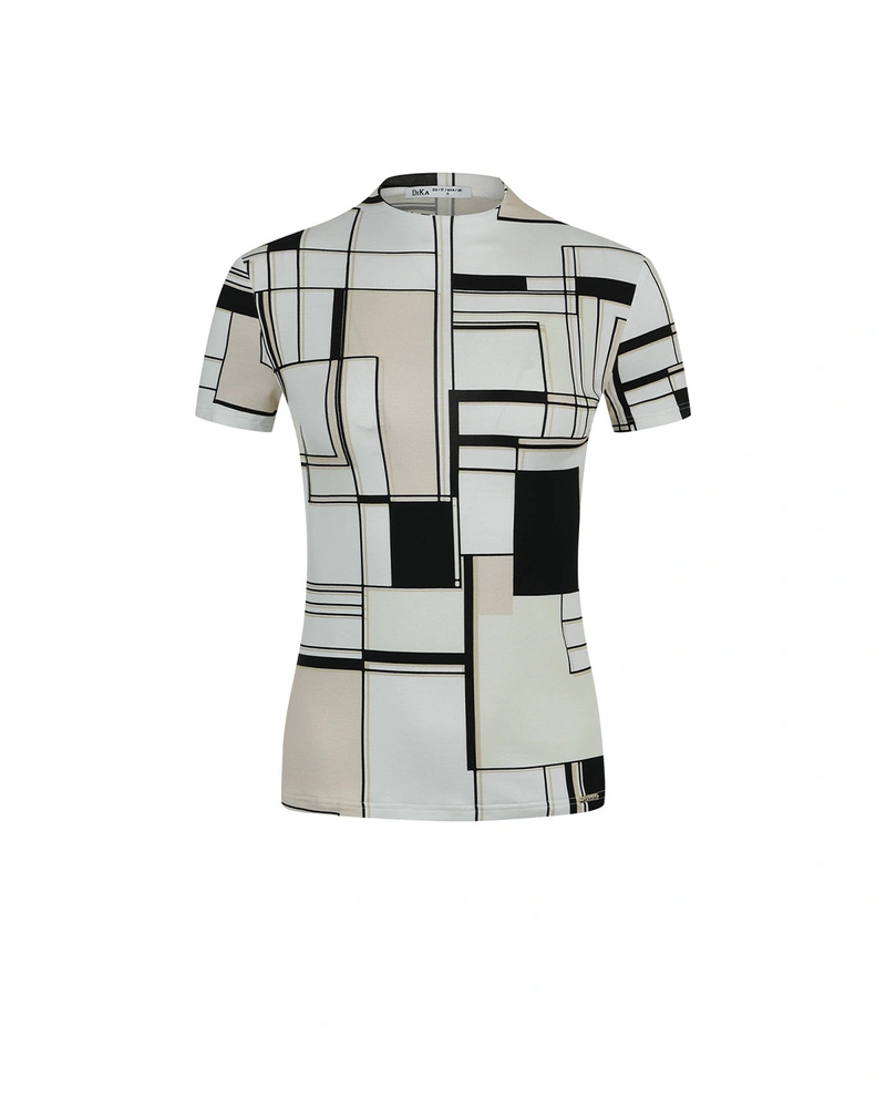 Fitted T-shirt with geometric motif in beige-black tones | T-shirts and Tops