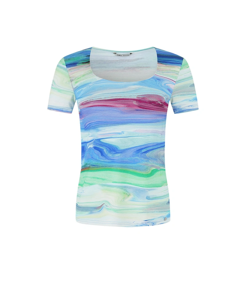 Дамска тениска от вискоза с еластан със стилизиран вълнообразен десен | НОВО