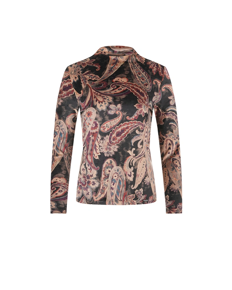 Classic knitted blouse with bright paisley motif on black background | Blouses
