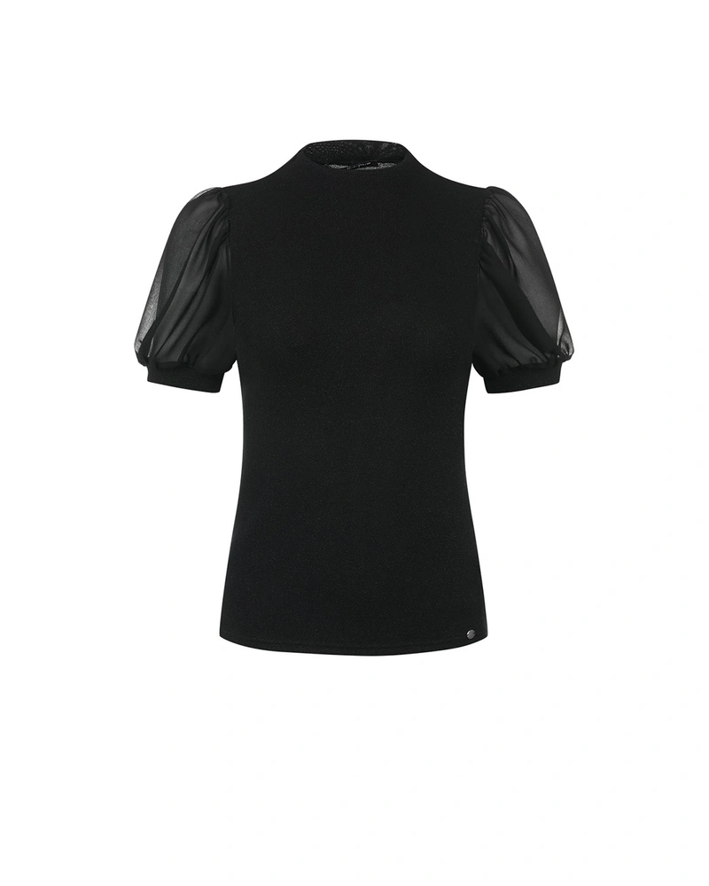 Black knit T-shirt with lurex threads and puffed sleeves | NEW | Dika.bg Black knit T-shirt with lurex threads and puffed sleeves | NEW