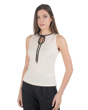 Elegant sleeveless top with contrasting tie detail at the neckline in ecru | T-shirts - 2