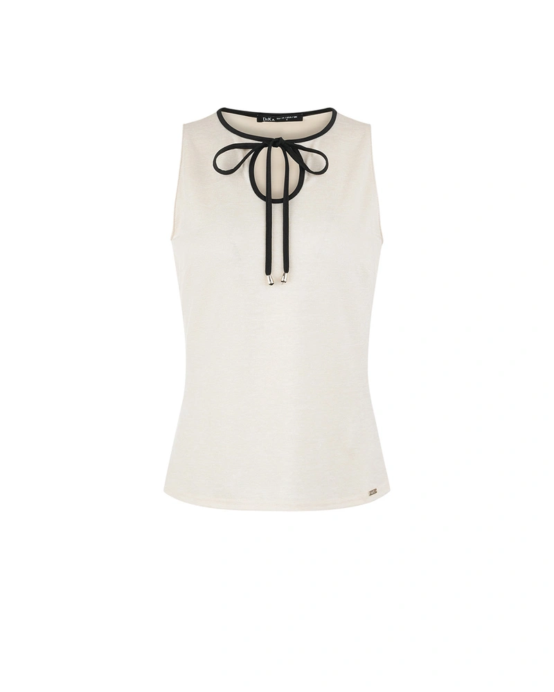 Elegant sleeveless top with contrasting tie detail at the neckline in ecru | T-shirts