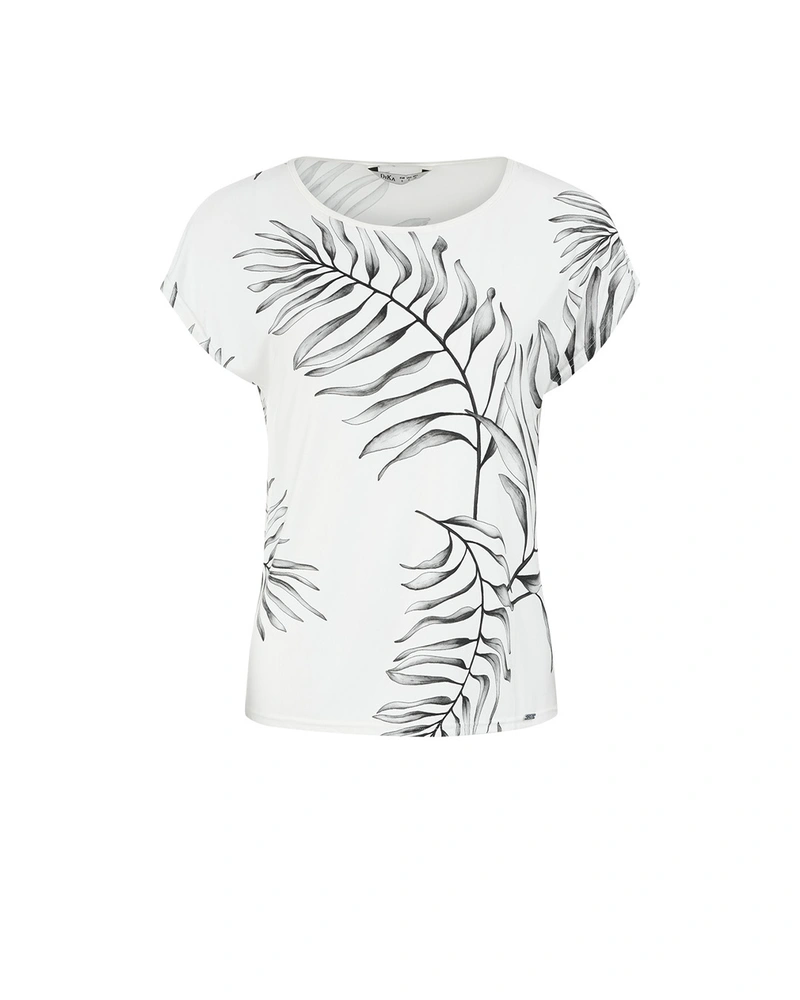 Тениска от вискоза с графичен принт на палмови листа | НОВО | Dika.bg Тениска от вискоза с графичен принт на палмови листа | НОВО