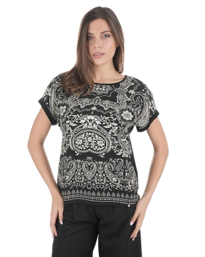 Черна тениска от вискоза с контрастен индийски принт | НОВО - 2