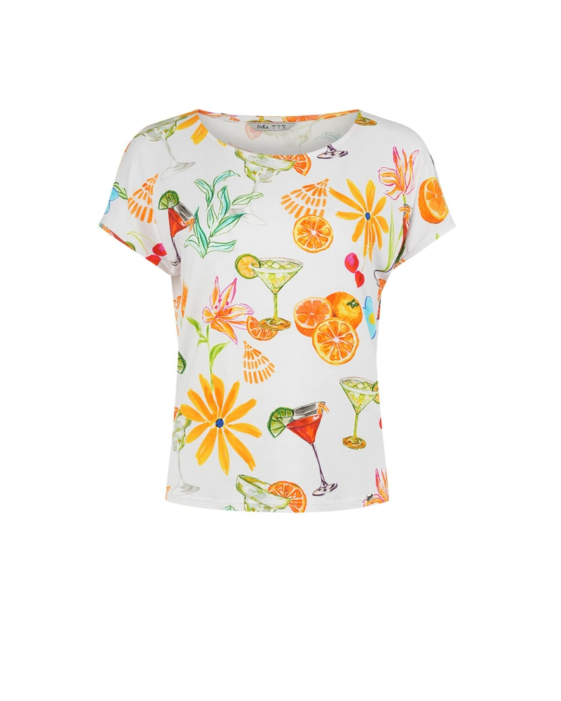 Лятна тениска от вискоза с принт череши и коктейли | НОВО