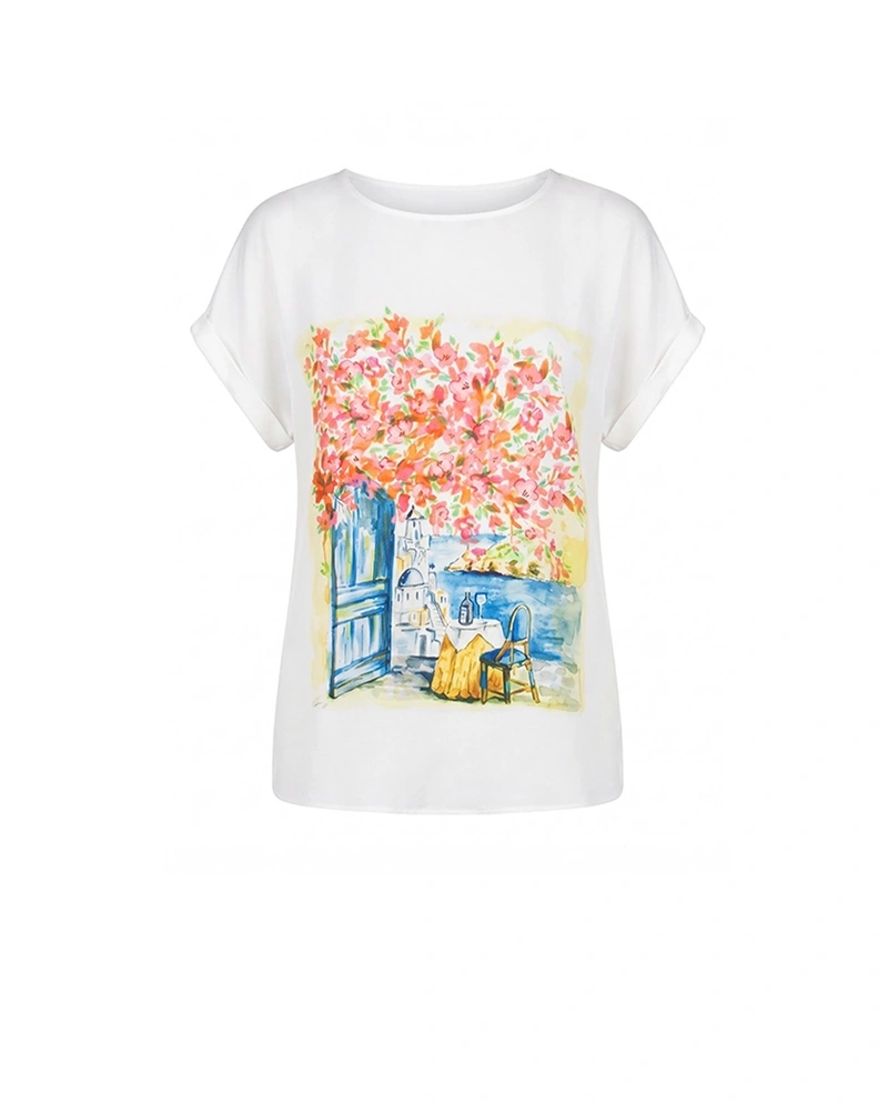 Ефирна тениска от вискоза с принт летен пейзаж | НОВО