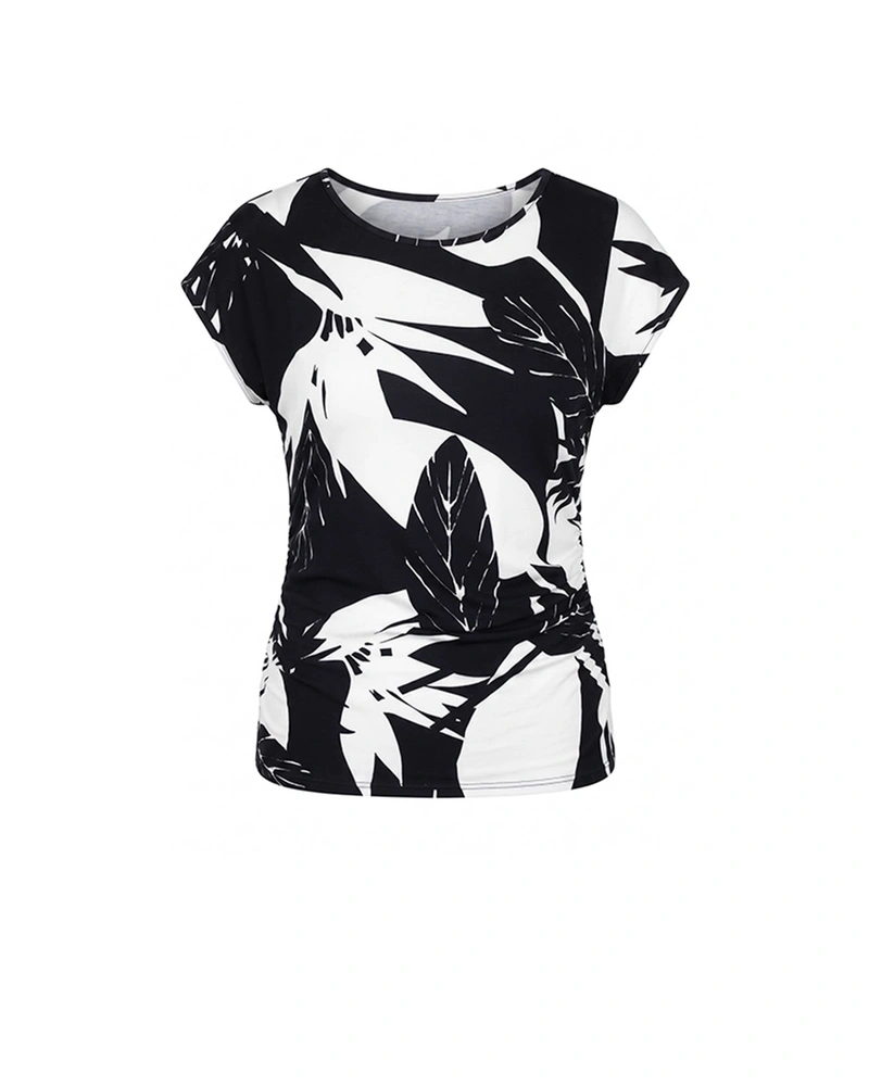 Черно-бяла тениска от вискоза с тропически стилизиран принт | НОВО