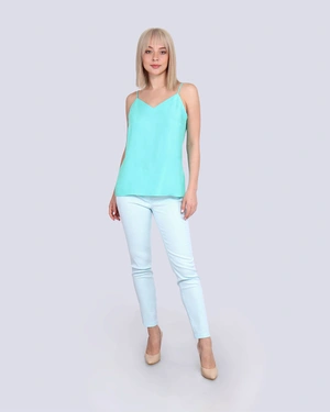 Reseda green summer top with thin straps and V-neck | Blouses - 2