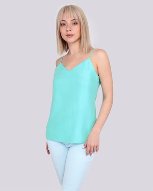 Reseda green summer top with thin straps and V-neck | Blouses - 3