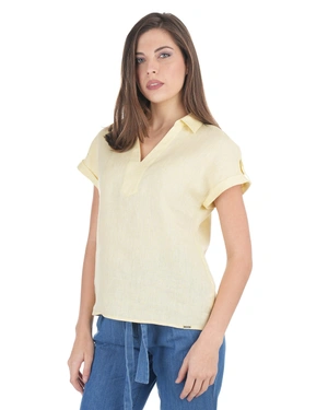 კარაქისფერ-ყვითელი მოკლემკლავიანი თეთრეულის ბლუზა ღია საყელოთი | ახალი - 1