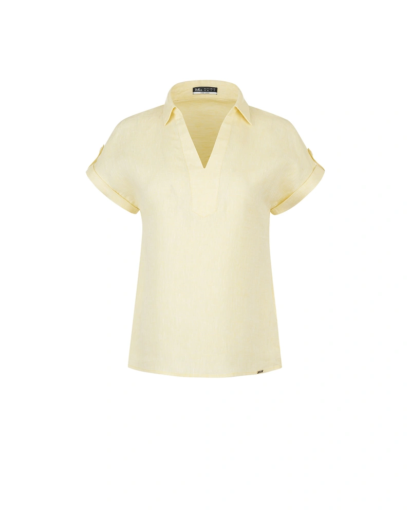 Puter žuta lanena bluza kratkih rukava sa otvoreno | NOVO