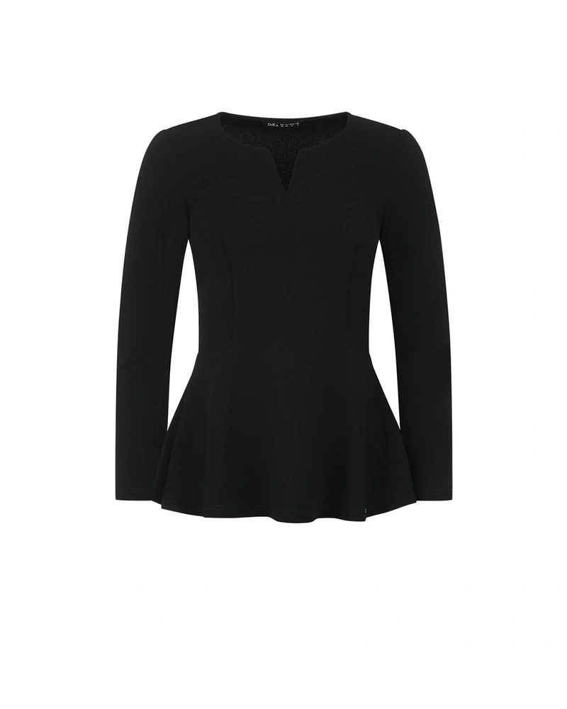 Black elegant blouse with peplum effect and V-neckline | COLLECTION