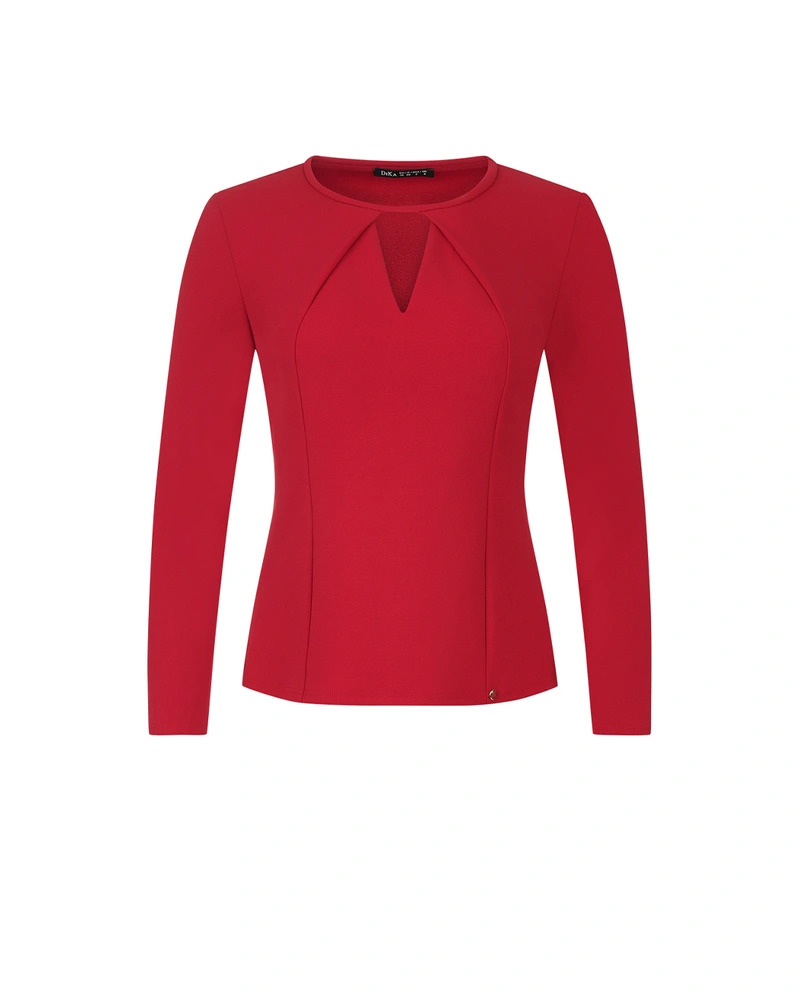 წითელი გაბარდინის ბლუზა ცრემლის ფორმის ყელის ჭრილით | ახალი