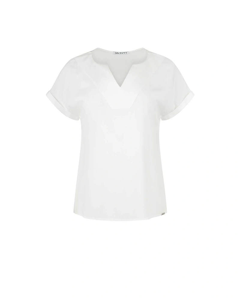 Бяла блуза от вискоза с къс ръкав и V-деколте | КОЛЕКЦИЯ ЛЯТО