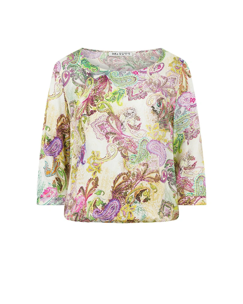 Summer viscose blouse with 7/8 sleeves and round neckline, with a stylized Indian motif | Blouses