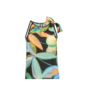 Sleeveless blouse with round neckline and bow detail on the shoulder, in a stylized tropical pattern | All products