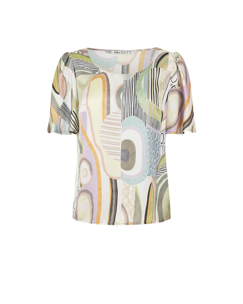 Blouse with short sleeves, featuring a stylized print in pastel tones | Blouses