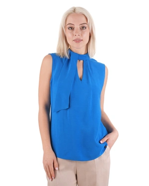 Sleeveless blouse, in sky blue, with a teardrop opening and a fichu detail | Blouses - 3