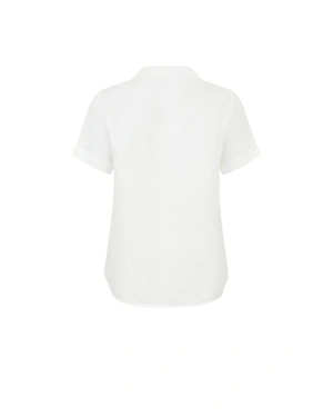 Бяла ленена блуза с яка, V-деколте с щрифелка и къс ръкав | КОЛЕКЦИЯ ЛЯТО - 1