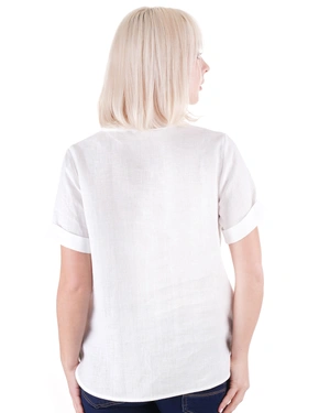 Бяла ленена блуза с яка, V-деколте с щрифелка и къс ръкав | КОЛЕКЦИЯ ЛЯТО - 4