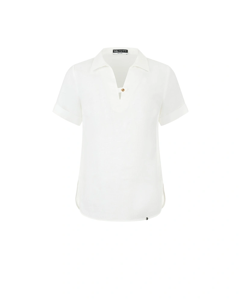 Бяла ленена блуза с яка, V-деколте с щрифелка и къс ръкав | КОЛЕКЦИЯ ЛЯТО