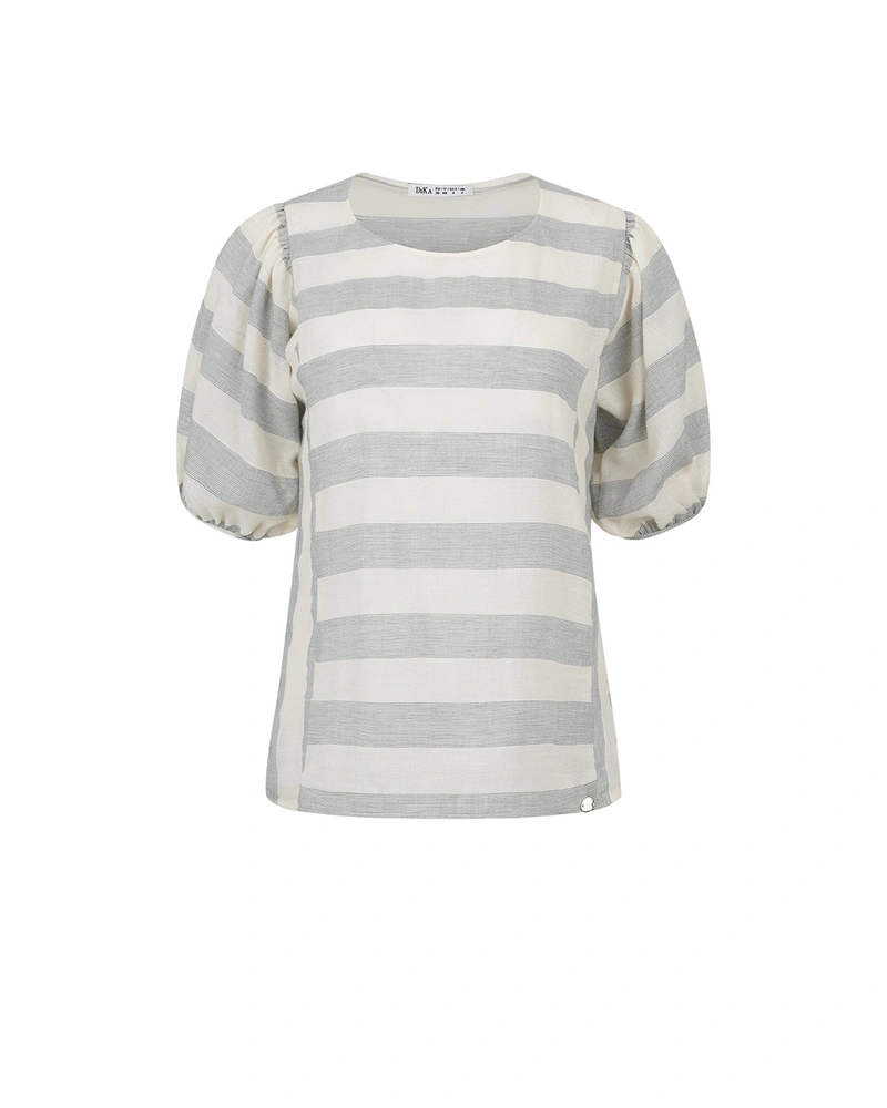 Cotton gray-beige blouse with a puff sleeve | SUMMER COLLECTION