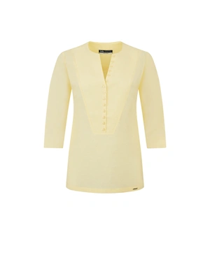 Light yellow blouse with 3/4 sleeves and round neckline, featuring buttons | SUMMER COLLECTION | Dikastore.ro Light yellow blouse with 3/4 sleeves and round neckline, featuring buttons | SUMMER COLLECTION