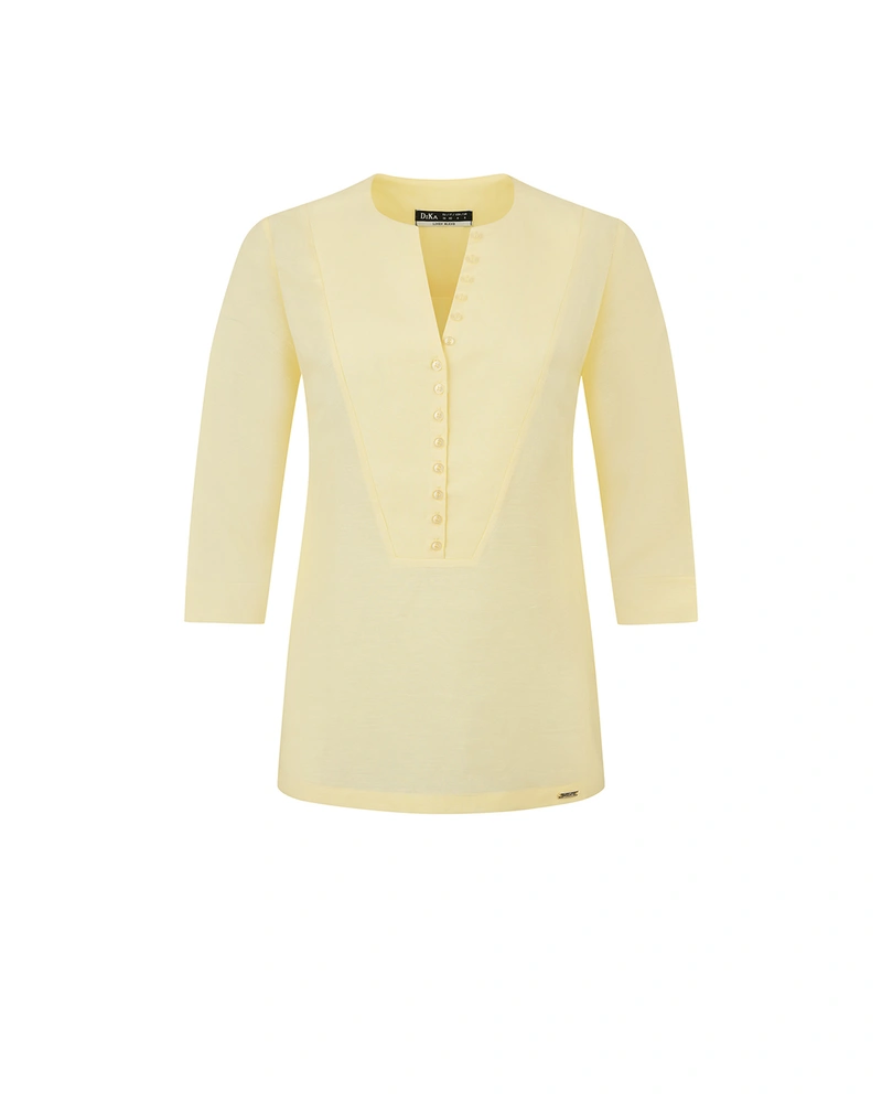 Light yellow blouse with 3/4 sleeves and round neckline, featuring buttons | SUMMER COLLECTION