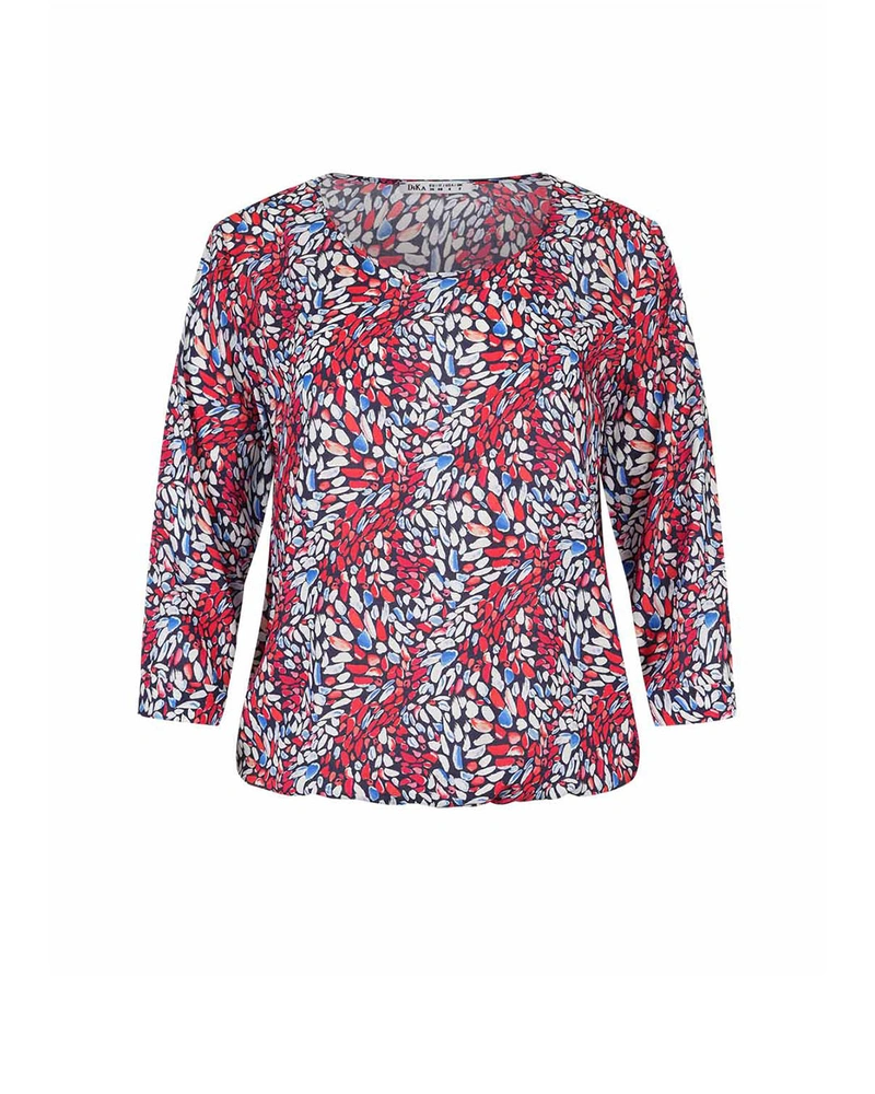 Viscose summer blouse with 7/8 sleeves and round neckline, with stylized red and blue motif | Blouses and Shirts