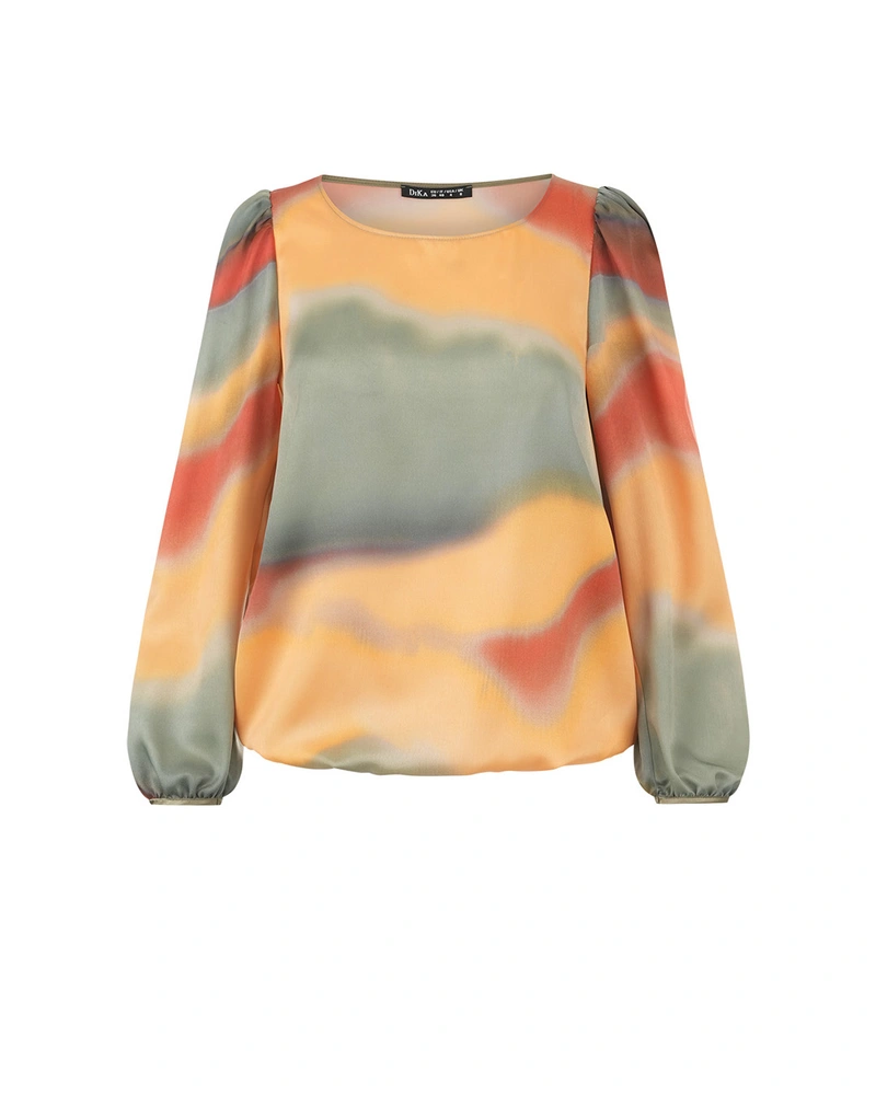 Blouse with long sleeves and gradient print in ochre, brick, and sage | NEW
