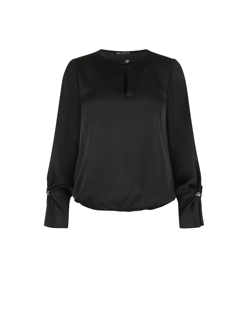 Black satin blouse with teardrop opening | Iconic colors