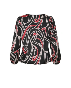 Блуза с червено-бял принт на черен фон и дълъг ръкав | КОЛЕКЦИЯ - 1