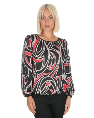 Блуза с червено-бял принт на черен фон и дълъг ръкав | КОЛЕКЦИЯ - 3