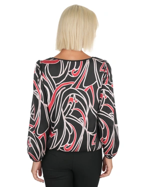 Блуза с червено-бял принт на черен фон и дълъг ръкав | КОЛЕКЦИЯ - 5
