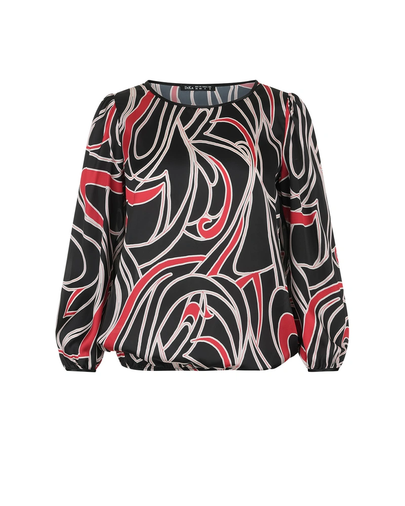 ბლუზა წითელი და თეთრი პრინტით შავ ფონზე გრძელი სახელოებით | ბლუზები